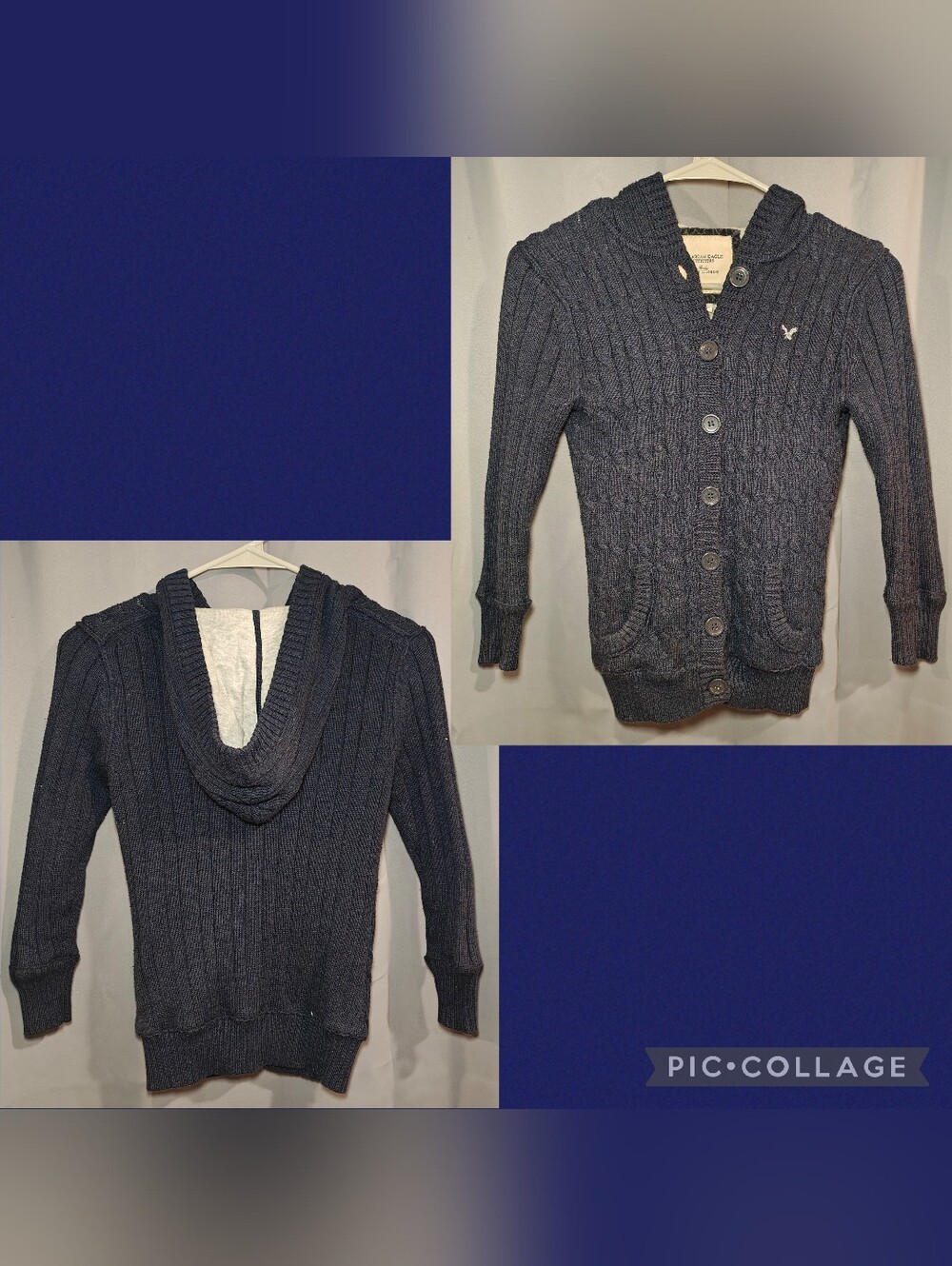 Y2K American Eagle Navy Button Down Cable Knit Sweater Hoodie.